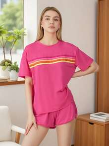 Workout Sets For Women 2 Piece Contrast Color Round Neck Short Sleeve Tops Elastic Waist Shorts Tracksuit Gym Yoga Outfits - Hot Pink - View 9