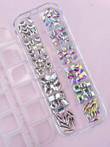 Set mixto de 12 rejillas de diamantes de arte de uñas, diamantes de formas especiales, rhinestones de fondo plano, joyería de arte de uñas AB, decoraciones de uñas, corazón, rombo, gotas de agua, marquesa, multiforma y varios estilos de gemas de vidrio, manualidades DIY, rostro, ropa, manicura, brillantes calcomanías amorfas para uñas