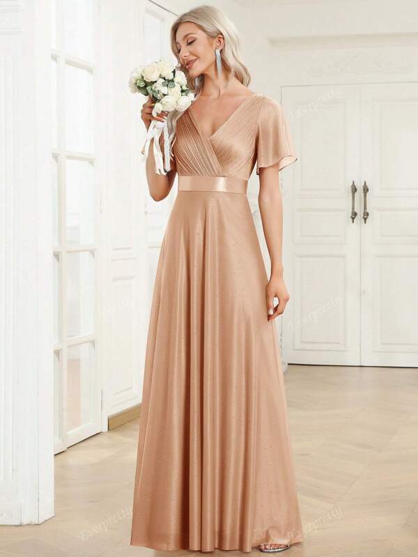 Summer Sequin V-Neck Ruffle Sleeve Bridesmaid Dress Elegant Dress Wedding Guest Gown For Wedding