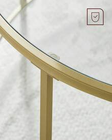 Mesa Auxiliar Redonda, Mesita de Noche de Cristal con Marco de Acero, Mesa de Centro Pequeña, para Salón, Balcón, Decorativo, Dorado y Transparente - Dorado - Ver 4