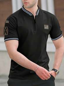 Men's Casual Golf Polo Shirt For Summer, With Stylish Embroidery And Short Sleeve Zipper Design - màu đen - Xem 3