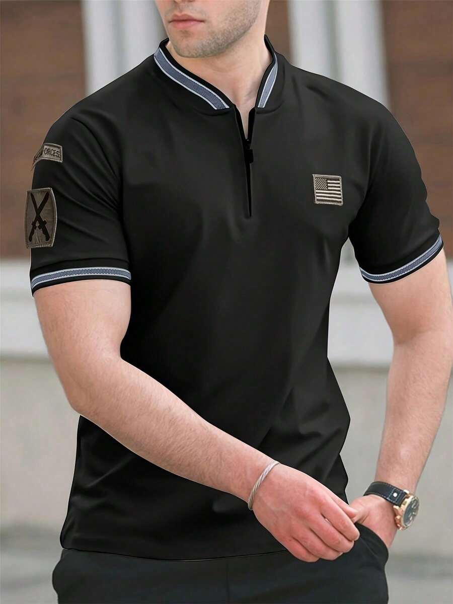 Men's Casual Golf Polo Shirt For Summer, With Stylish Embroidery And Short Sleeve Zipper Design - 黑色 - 查看 1