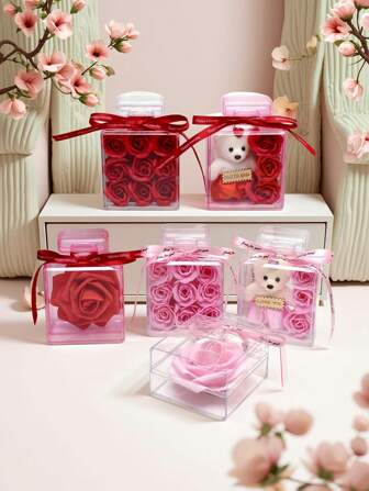 1 pieza Caja de regalo con rosa de jabón floral simulada, Caja de regalo hecha a mano DIY, Caja de decoración de joyería cuadrada blanca transparente. Recuerdos de temporada de graduación, recuerdos de cumpleaños y bodas