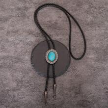 1pc Vintage Bolo Tie Necklace, Natural Blue Turquoise Oval Pattern Design Long Boho Western Cowboy Style Rope Necklace