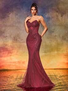 Women Beaded Gown Elegant Strapless Fishtail Dress For Formal Dinner, Party, Award Ceremony, For Evening, Wedding Guest - Màu Đỏ Sâu - Xem 6