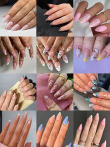 288Pcs(12Mixed)Long Almonds Flower Nails Design French Acrylic Press On Nails Long Perfect Fit Fake Nail Set,Include :4 Pcs Jelly Glue And 2 Pcs Nail File,Easy To Wear Flower Nails & Summer Nails Art For Woman Girl Daily Work Wear Rave Party Use Nail Supplies Nails - Multicolor - View 3