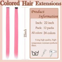 12 Pcs Pink Hair Extensions 22 Inch Straight Colored Hair Colorful Clip In Extensions Highlight Party For Kids Girls And Women Gift(Pink,26)