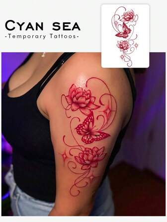 1 pièce Tatouage temporaire style chinois avec papillon rouge et fleur, waterproof, sans reflet, tatouage imitation pour les bras, le dos, convient à l'utilisation