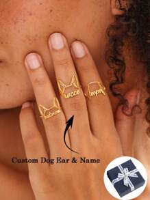 Anillo personalizado con forma de orejas de perro para hombres y mujeres, anillo con nombre de mascota lindo, anillo de acero inoxidable en color plateado o dorado, accesorios para boda, compromiso, uso diario, regalos de aniversario y día de San Valentín