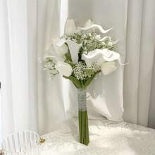 Bridesmaid Artificial Flower Bouquet For Wedding, White Tulip & Calla Lily Floral Arrangement, Bridal Bouquet, Wedding, Ceremony, Anniversary, Fake Flowers Spring Home Decor, Photography Props, Centerpiece, Party Table Decor, Holiday Decoration, Easter Gift, Birthday, Graduation