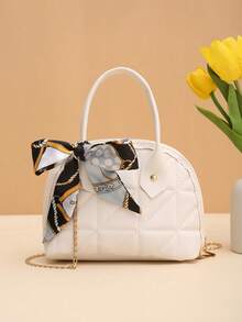 Túi xách vỏ sò thêu họa tiết lưới chéo dung tích lớn, khăn quàng cổ, túi xách tay cầm xích - trắng - Xem 1