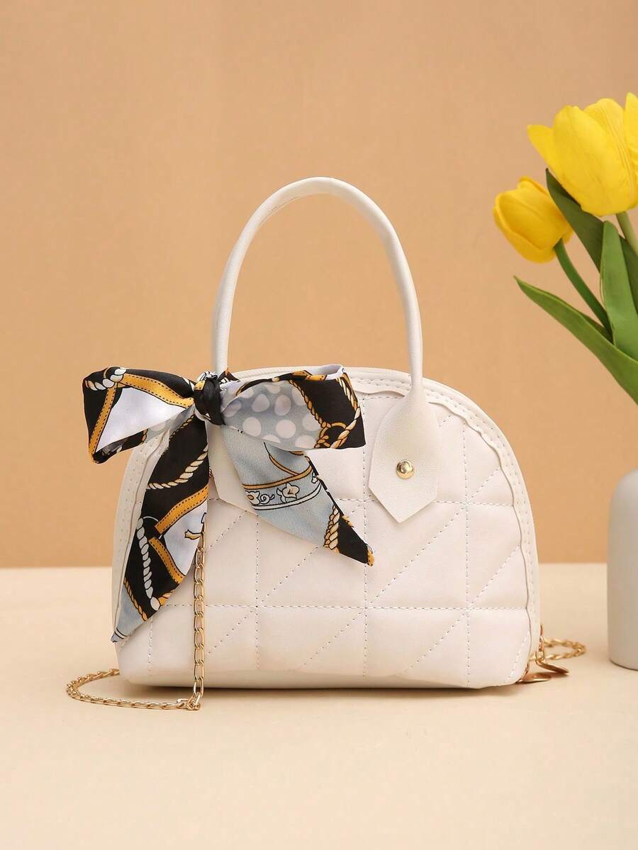 Túi xách vỏ sò thêu họa tiết lưới chéo dung tích lớn, khăn quàng cổ, túi xách tay cầm xích - trắng - Xem 1