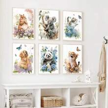 1pc Wall Arts Posters Optional Frame Modern Cat Cartoon Animal Watercolor Posters Elephant Panda Tiger Koala Nursery Canvas Painting Wall Art Print Pictures Baby Room Decor