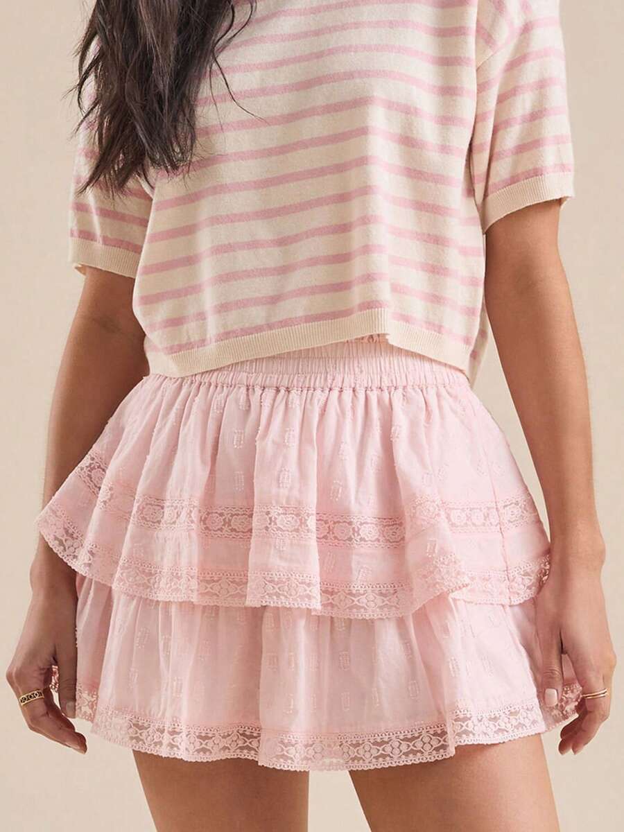 Women Layered Ruffle Shorts Loose Patchwork Lace Solid/Floral Elastic Waist Mini Shorts Casual Summer Streetwear - 粉色 - 查看 1