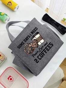 印有豹纹心形和咖啡图案的保温袋，午餐袋，上面印有有趣的字母“Some Days I Need Peace, Love And 2 Coffees”，搭配黑色餐具收纳袋，可重复使用，双口袋午餐盒袋，大容量，适合返校学校用品袋，用于学校工作午餐袋，女士冷藏袋，野餐配件学校配件