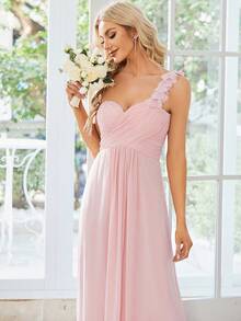 One Shoulder Ruched Bodice Prom Dress Elegant Bridesmaid Dress - Baby Pink - View 7