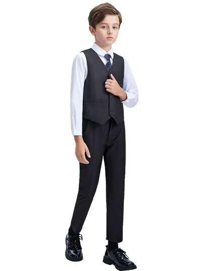 2pcs Boys Suit Set, Toddler Tuxedo Formal Wear, Pageboy Wedding Outfit, Wedding Waistcoat Pants, Children Formal Suit, Dark Grey, Size 6-14 Years