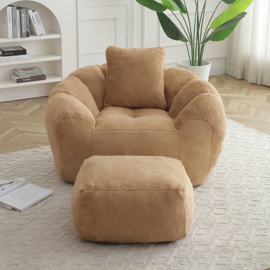 Giant Bean Bag Chair With Footstool,Living Room Decoration Lazy Sofa - Oversized High Back Corduroy Bean Bag Couch,Floor Sofa For Living Room, Home Theater, Play Zone - & Non-Slip Base,Very Suitable For Bedrooms, Living Rooms, Game Rooms, Study Rooms, Offices, Or Apartments. - B-Khaki (Ghế lười có chỗ để chân) - Xem 1