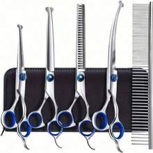 6 Pieces Professional Pet Grooming Scissors Set, Stainless Steel Dog And Cat Hair Thinning Shears With Downward Curved, Straight, Upward Curved Scissors And Comb, Ambidextrous Use