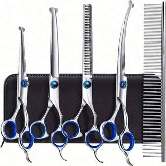 6 Pieces Professional Pet Grooming Scissors Set, Stainless Steel Dog And Cat Hair Thinning Shears With Downward Curved, Straight, Upward Curved Scissors And Comb, Ambidextrous Use