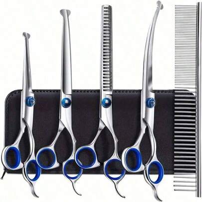 6 Pieces Professional Pet Grooming Scissors Set, Stainless Steel Dog And Cat Hair Thinning Shears With Downward Curved, Straight, Upward Curved Scissors And Comb, Ambidextrous Use