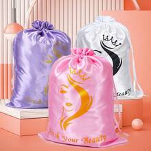 6PK Satin Wig Bags With Drawstring - Silk Hair Storage Bags Multiple Wigs, Bundles, Extensions (Pink) - Purple - View 7