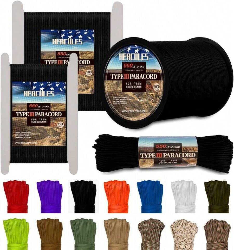 HERCULES Type III Paracord 550 Paracord Rope Parachute Cord, 50' Black Paracord For Survival Paracord, Survival Cord - Black - View 1
