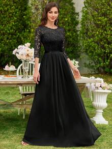 MIUSOL Floral Lace Chiffon Ruffle Hem Maxi Dress, Elegant Ladies Gown, Formal Dress, Suitable For Wedding Guest, Graduation Ceremony, Gala Dinner And Other Occasions Black Spring - Black - View 6