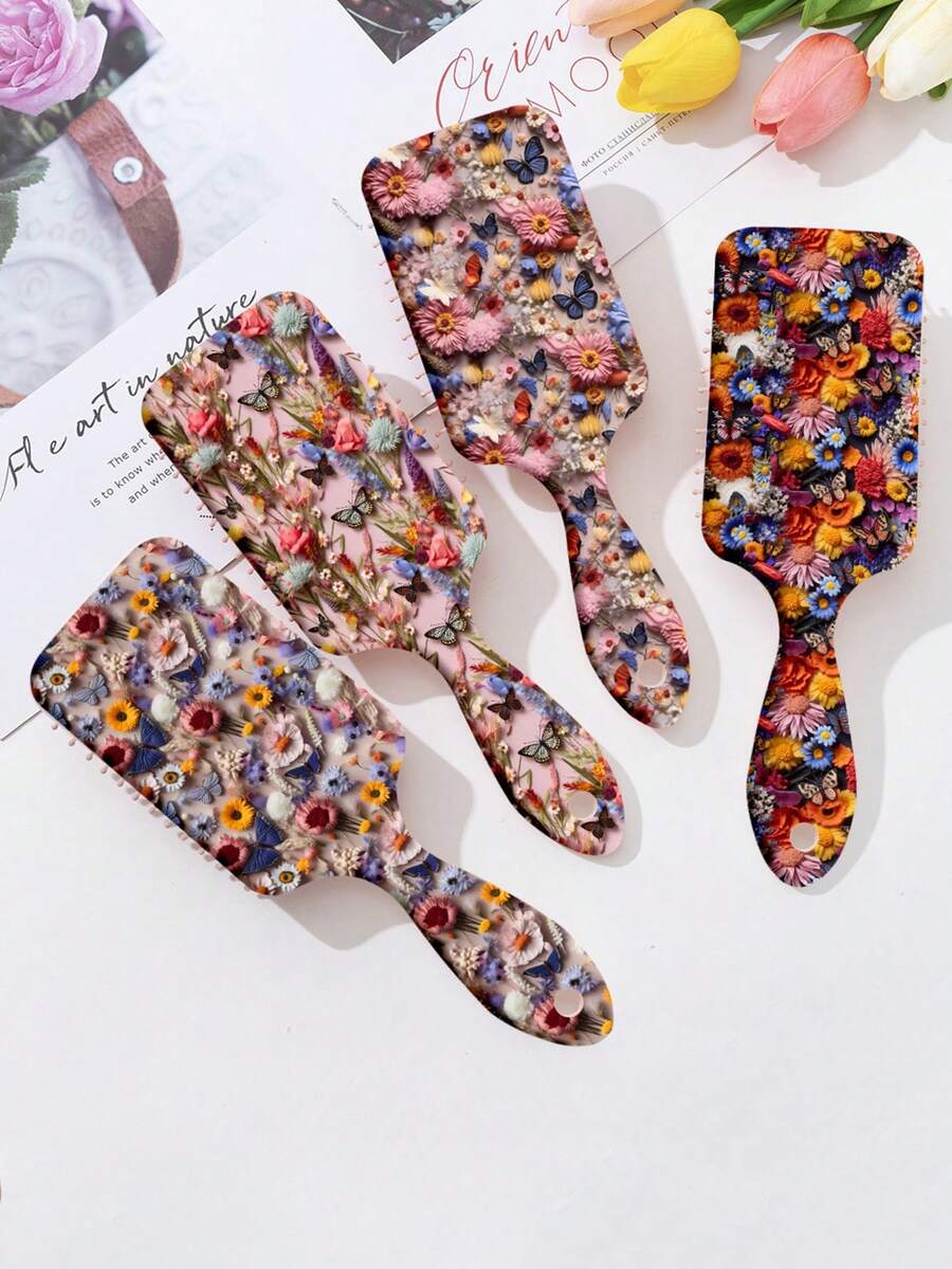 1pc Ditsy Floral Pattern Antistatic Cushioned Hair Brush, Designed For Women, Made Of Polyester Fiber, Suitable For All Seasons Hair Styling Tool - Multicolor - View 1