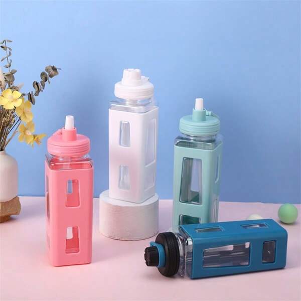 1pc Colorful Water Bottles With Lids And Straws Water Bottles Sticker Styles Random Portable Sports Mug With Handle For Men, Women,Outdoor, Fitness, Gym, School, Travel