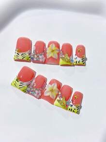 10 peças de unhas francesas nude estilo bico de pato feitas à mão; verde degradê, estampa de zebra, flores estendidas, borboleta dourada, decoração de diamante; unhas postiças de acrílico para unhas postiças caseiras; adequadas para feriados, festas e uso diário; inclui 1 folha de cola gelatinosa e 1 mini lixa