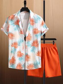 Men's Casual Set With Short Sleeve Shirt And Printed Shorts - 橘色 - 查看 7