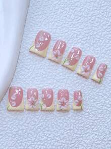 10片装手工Y2K鸭嘴美甲贴片套装 - 手工制作，粉色美甲贴片，法式黄色美甲贴片，手工3D黄色花朵配绿色花瓣，手绘图案，闪亮金色钢珠点缀 - 适合女性和女孩，可用于派对、婚礼、日常佩戴，包含工具包。鸭嘴美甲。手工美甲。美甲用品。手工美甲贴片。 - 彩色 - 查看 1