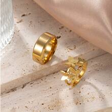 2 件/套 简约不锈钢 18k 镀金情侣戒指 情侣戒指 求婚戒指 新娘和新郎结婚戒指 带粉色皇冠戒指盒 4mm 内外圆形金戒指 适合男女情侣日常婚礼佩戴 - 金色 - 查看 5