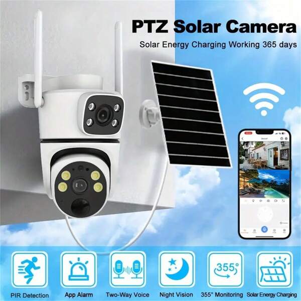 1080P HD Solar Powered Outdoor Security Camera, Rechargeable Battery, 2-Way Audio, USB Charging Cable, 355° Rotation, 90° Tilt, 2.4GHz WiFi, Night Vision, Waterproof, Android App Control, Wall Mount Bracket, Suitable For Home And Business Outdoor Monitoring, Elderly And Pet Care