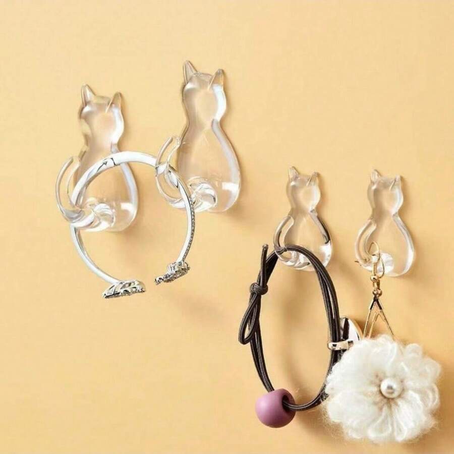 4 Peças Ganchos de toalha com adesivo forte em formato de gato para banheiro, quarto, sala de estar e dormitório - essencial perfeito para organizar toalhas e roupas em casa, ganchos adesivos em formato de cauda de gato cartoon, montados na parede sem perfuração, à prova d´água