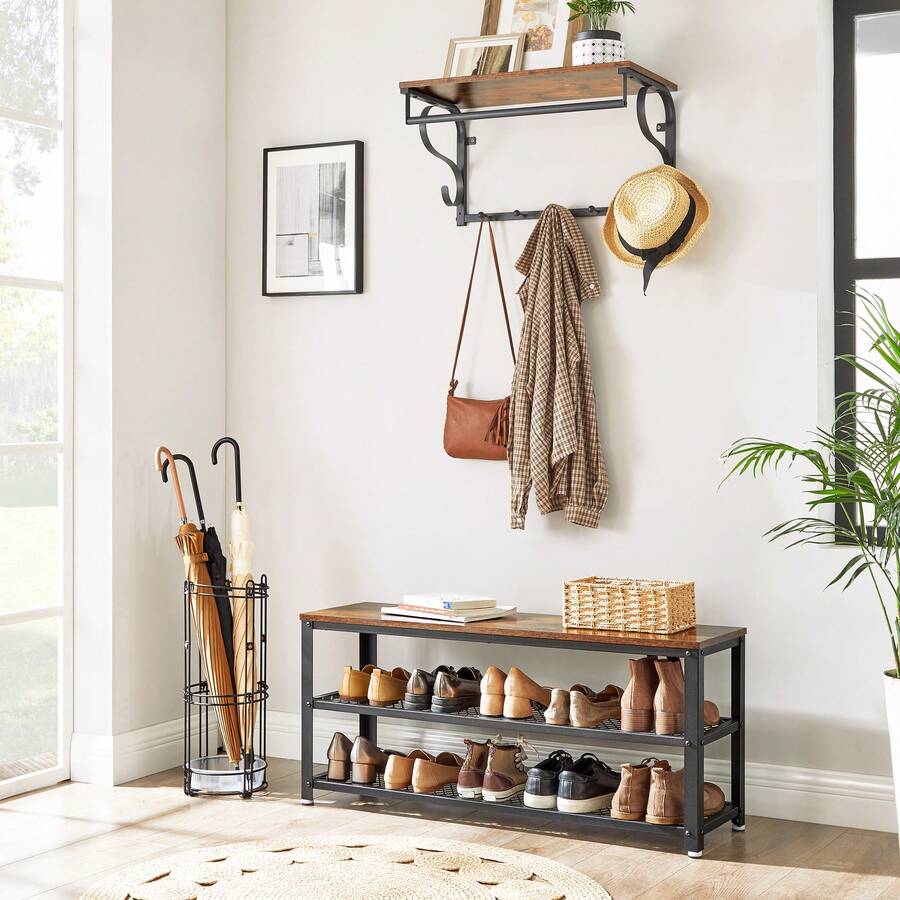 VASAGLE 3-Tier Shoe Rack, Shelf Storage Bench With Metal Mesh Shelves And Seat, Free Standing Shoe Organizer For Entryway, 11.8 X 39.4 X 17.7 Inches, Rustic Brown And Black - 棕色 - 查看 1