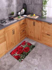 Half-Sheet Romantic Red Rose & White Starry Sky Floral Print Floor Mat, Suitable For Kitchen, Game Room, Laundry Room, Bathroom, Living Room, Bedroom, Indoor Entrance, Etc. - Red - View 8