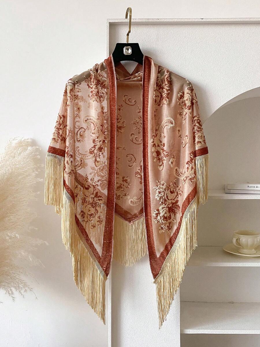 1 pezzo Sciarpa triangolare con stampa floreale e nappe, adatta per abbinamenti casual e da strada con abiti