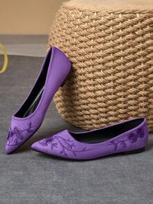 WHDXY 1 Pair Women's New Chinese Style Embroidered Flats, Comfortable Office Work Shoes, Non-Slip Soft Bottom Leather Shoes, Suitable For Flight Attendant, Professional Wear - Màu tím - Xem 3