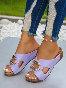 Plus Size Women's 36-45 Fashionable Light Purple Metal Buckle Peep Toe Platform Wedge Sandals, Comfortable, Slip-On, Suitable For Daily Wear, Beach, Vacation - Mauve Purple - View 5