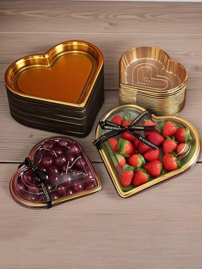 10 Golden Heart-Shaped Plastic Trays - Multi-Purpose Large-Capacity Snack Storage Containers, Suitable For Fruit, Sushi, Vegetable, Salad And Cheese Boards. With Transparent Bodies And Exquisite Golden Frames, They Are Practical Essentials For Parties And Festivals, As Well As Thoughtful Gift Options