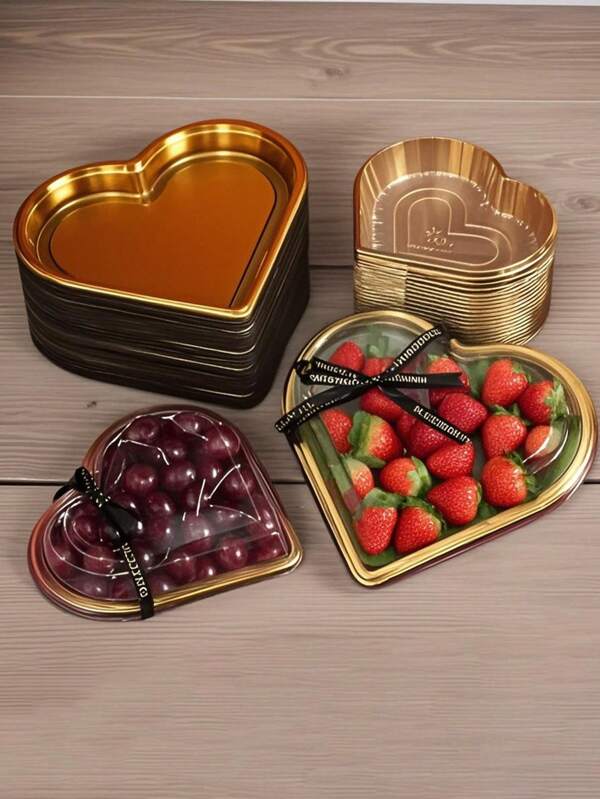 10 Heart-Shaped Plastic Trays With LIDS - Multi-Purpose Large-Capacity Snack Containers, Suitable For Fruits, Sushi, Vegetables, Salads And Cheese Boards - Transparent Design, Golden Border - Perfect For Parties, Festivals And Gifts