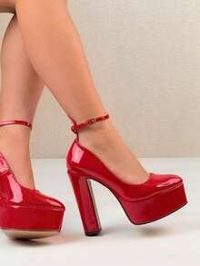 Glossy Patent Leather Super High Heel Platform Thick Heel Pumps, High Heel Shoes For Women - Red - View 5