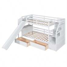 Twin Over Twin Bunk Bed With Storage Staircase, Slide And Drawers, Desk With Drawers And Shelves, White-1810 - Multicolor - View 8