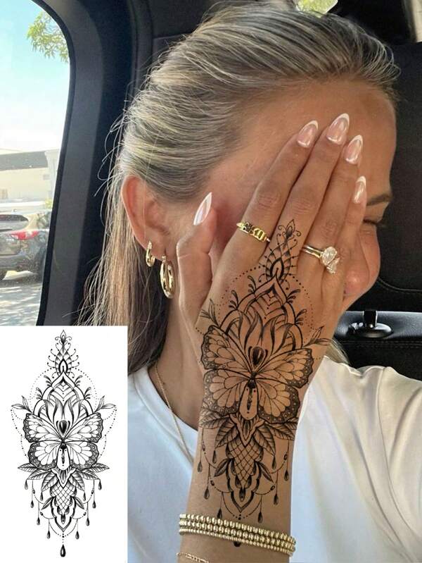 1 Sheets Big Size Body Art Temporary Tattoo Stickers For Men And Women, Sketch Realistic Style Mandala Henna Pattern, Waterproof Fake Tattoo, Lasts 2-5 Days, Covering Scars, Can Be Used On Arms Wrist Shoulders Legs Waist Neck Hand Chest Thighs Finger, Best Friend Couple Tattoo