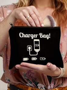 Black Charger Bag - Polyester Travel Cable Organizer With "CHARGER BAG!" Print, Hand-Washable Electronic Accessory Pouch For Cables, Power Banks & Small Items, Cable Organizer Bag - Multicolor - View 2