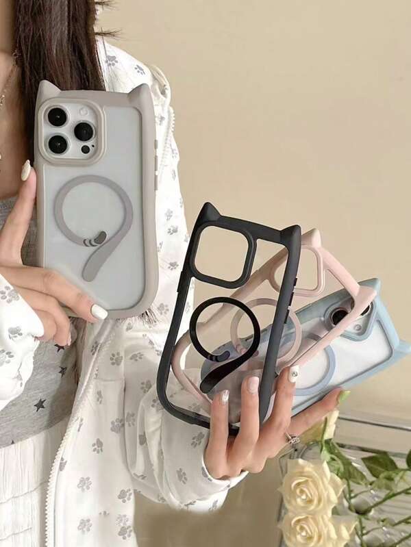 1pc Cute Cat Tail Magnetic Phone Case, Transparent Fit For IPhone 16/16 Pro Max, Cat Ear Design For IPhone 15/14/13 Pro, Anti-Drop Hard Shell Cover For Women