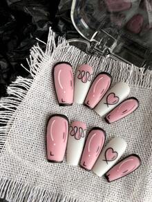 Dieses 10 Stücke Set im niedlichen Comic-Stil verfügt über eine mittellange Sarg-Form mit handbemalten schwarzen Konturen. Die Kombination aus Pink und Weiß wird durch handgemalte Herzflammen ergänzt, was einen verspielten und hochwertigen Charme verleiht. Die tragbare Panzerung ist wiederverwendbar und kommt mit Jelly-Gel und einer Feile. Geeignet für Damen und Mädchen, auch Schülerinnen und schwangere Frauen können es verwenden. Für Partys, den Alltag, Schulen usw.