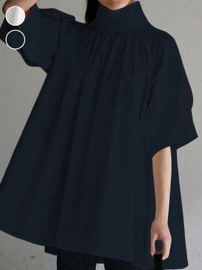 时尚休闲宽松设计立领套头衫，带纽扣装饰